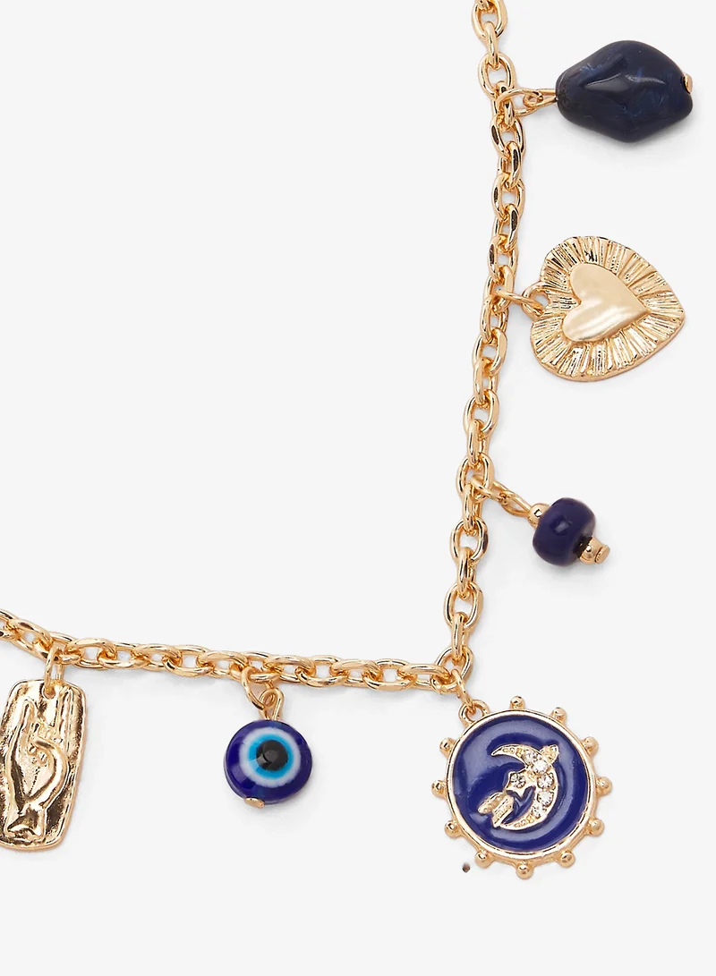 ELLA Evil Eye Detail Charms Necklace Gold Detail