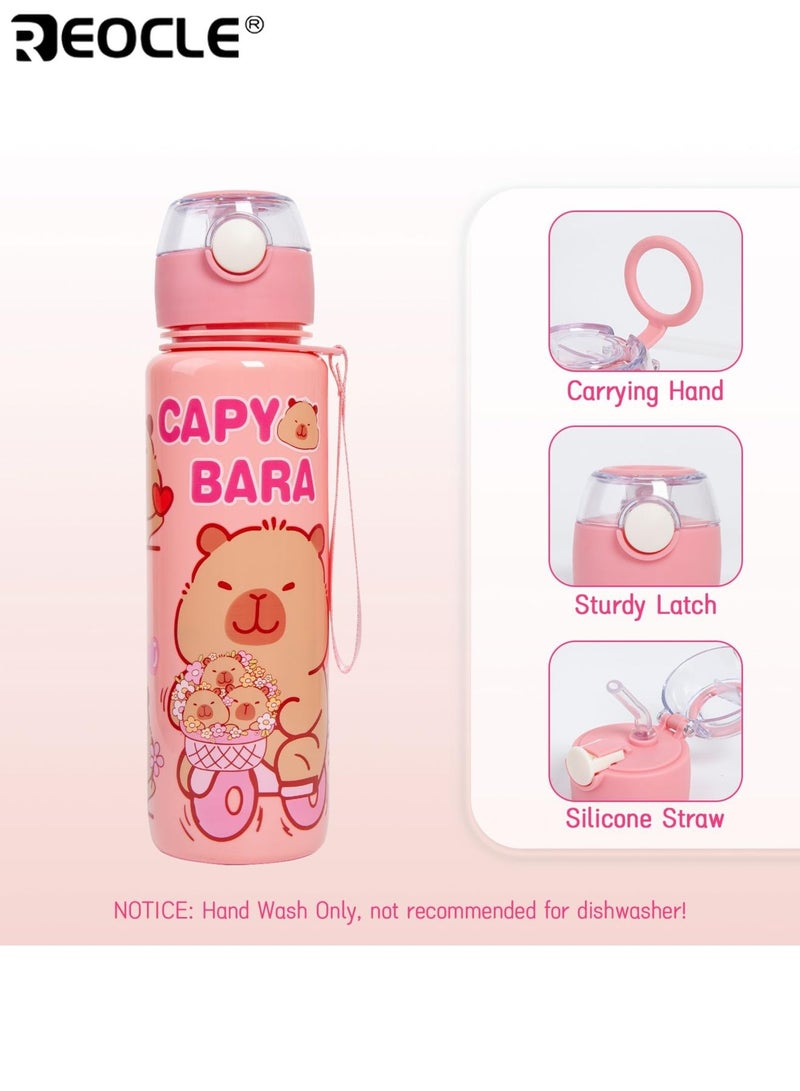 REOCLE 700ML Leakproof Water Bottle with Flip Cap and Handle Large Capacity Cartoon Capybara Design PVC-Free Plastic Air-Tight Straw for Outdoor Sports Travel Camping School Gym Use - Image 5