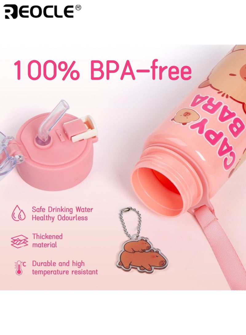 REOCLE 700ML Leakproof Water Bottle with Flip Cap and Handle Large Capacity Cartoon Capybara Design PVC-Free Plastic Air-Tight Straw for Outdoor Sports Travel Camping School Gym Use - Image 2