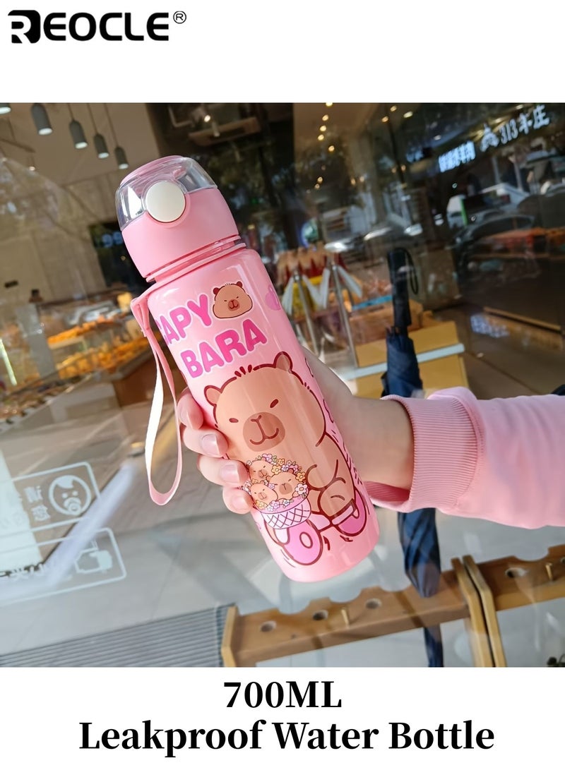 REOCLE 700ML Leakproof Water Bottle with Flip Cap and Handle Large Capacity Cartoon Capybara Design PVC-Free Plastic Air-Tight Straw for Outdoor Sports Travel Camping School Gym Use - Image 1