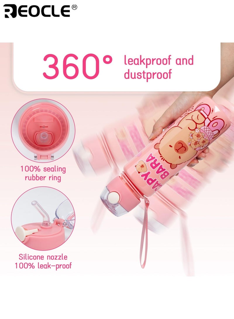 REOCLE 700ML Leakproof Water Bottle with Flip Cap and Handle Large Capacity Cartoon Capybara Design PVC-Free Plastic Air-Tight Straw for Outdoor Sports Travel Camping School Gym Use - Image 3