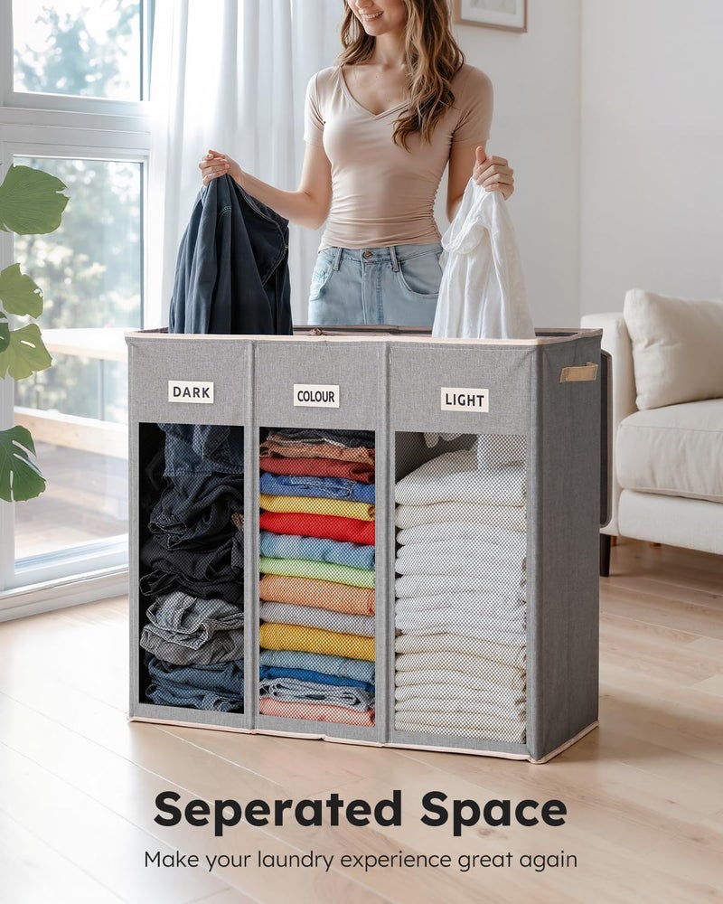 SOLEDI 200L 3-Section Laundry Hamper with Lid, Extra Large Dirty Clothes Basket with Sturdy Handles for Laundry Room & Bedroom - Durable Organizer for Sorting Laundry - Image 4