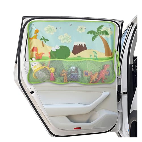 GLSOWEE Car Window Shade for Baby Blackout Car Window Curtain with Storage Pockets 7 Suction Cups Cartoon Pattern Cars Side Window Sun Shade Cover for SunHeatUV Rays Protection GreenDinosaurs - Image 1