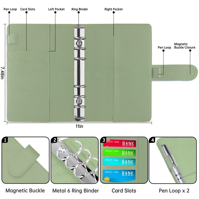 Antner A6 Notebook Binder Refillable 6 Ring Budget Binder Cover for A6 Refill Paper, PU Leather Budget Planner Organizer with Magnetic Buckle, Loose Leaf Personal Planner, Matcha Green - Image 2