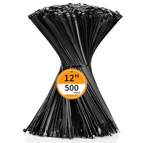 Cehony Cable Zip Ties 12 inch Cehony 500 Pack Black Zip Ties Heavy Duty 50lbs Tensile Strength Plastic Zip Ties for Outdoor and Indoor Multi-Purpose Cable Ties Self-Locking UV Resistant Wire Ties Wraps - Image 1