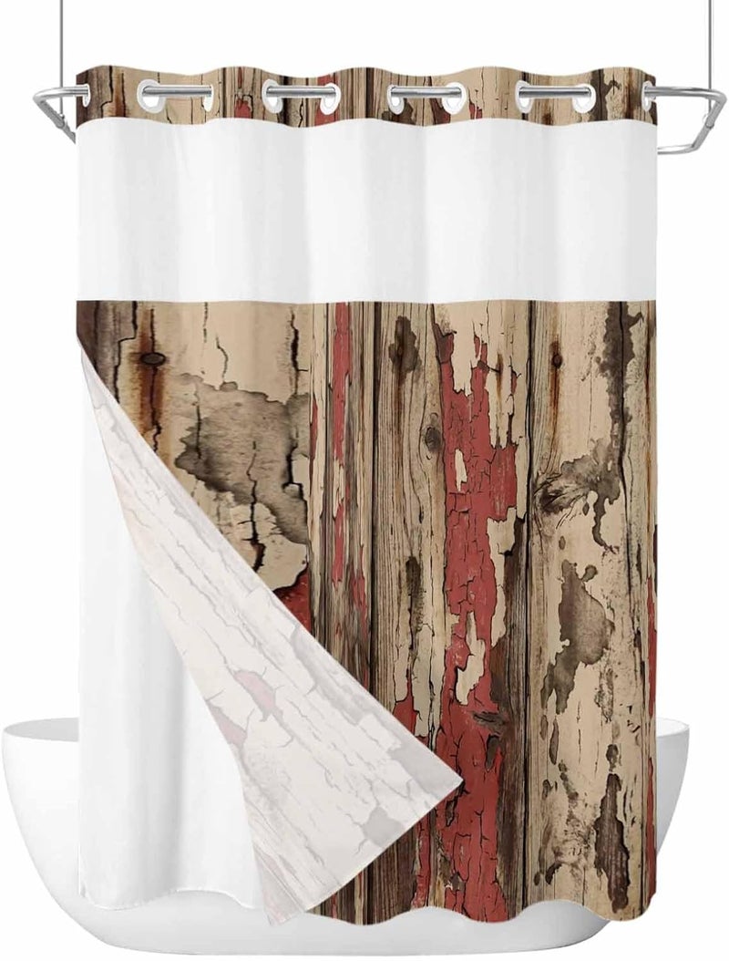 No Hook Shower Curtain and Liner Set, Red Brown Wooden Grain Snap in Shower Curtain Set, Farmhouse Vintage Country Textured Waterproof Fabric Bathroom Curtain with See Through Top Window 72"x84" - Image 1