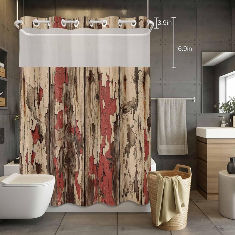 No Hook Shower Curtain and Liner Set, Red Brown Wooden Grain Snap in Shower Curtain Set, Farmhouse Vintage Country Textured Waterproof Fabric Bathroom Curtain with See Through Top Window 72"x84" - Image 4