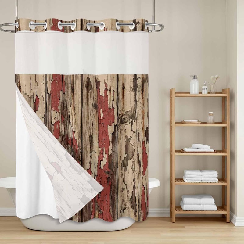 No Hook Shower Curtain and Liner Set, Red Brown Wooden Grain Snap in Shower Curtain Set, Farmhouse Vintage Country Textured Waterproof Fabric Bathroom Curtain with See Through Top Window 72"x84" - Image 2