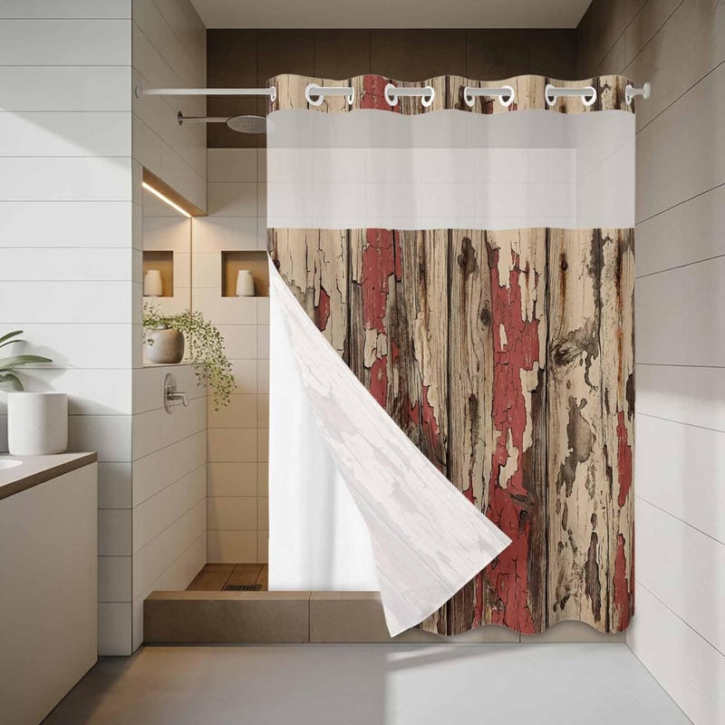 No Hook Shower Curtain and Liner Set, Red Brown Wooden Grain Snap in Shower Curtain Set, Farmhouse Vintage Country Textured Waterproof Fabric Bathroom Curtain with See Through Top Window 72"x84" - Image 3