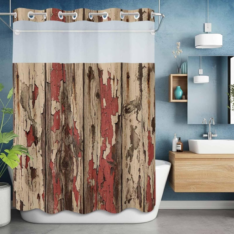 No Hook Shower Curtain and Liner Set, Red Brown Wooden Grain Snap in Shower Curtain Set, Farmhouse Vintage Country Textured Waterproof Fabric Bathroom Curtain with See Through Top Window 72"x84" - Image 5