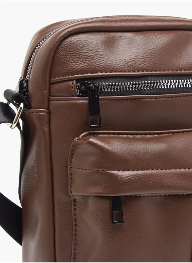 Lee Cooper Men Textured Crossbody Bag with Adjustable Strap and Zip Closure