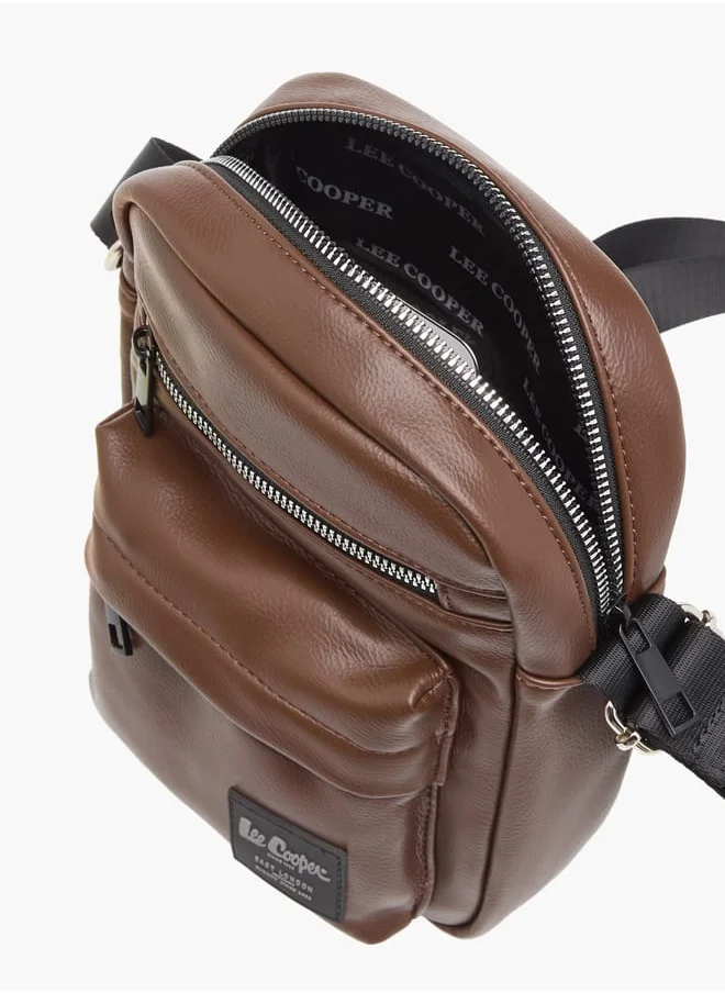 Lee Cooper Men Textured Crossbody Bag with Adjustable Strap and Zip Closure