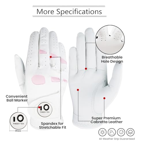 FINGER TEN Women’s Golf Glove Right Hand Left with Ball Marker Leather Grip 1 Pack, Pink Fit Woman Girl, Size Small Medium Large XL (Small, Right) - Image 2