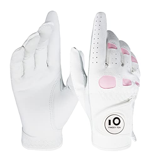 FINGER TEN Women’s Golf Glove Right Hand Left with Ball Marker Leather Grip 1 Pack, Pink Fit Woman Girl, Size Small Medium Large XL (Small, Right) - Image 1