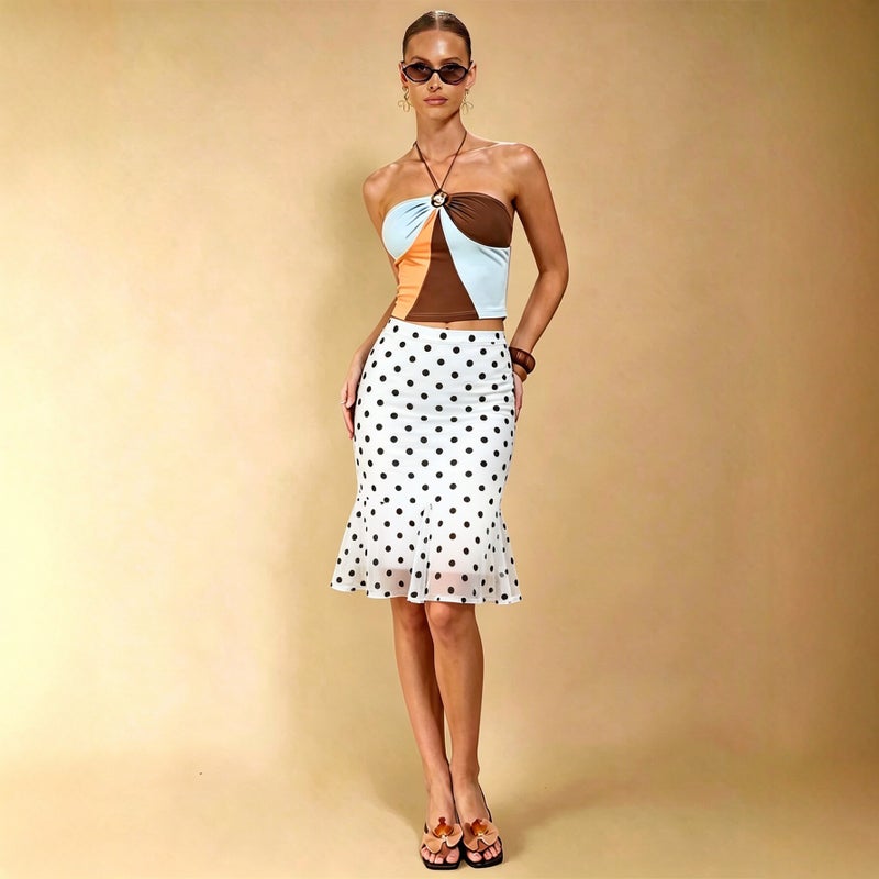 Summer 2026 Polka Dot Mermaid Skirt Vintage Ruffle Waist Slimming A-Line Midi Skirt - Image 4