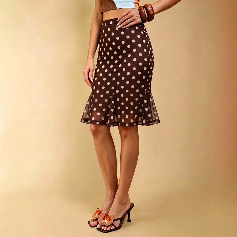Summer 2026 Polka Dot Mermaid Skirt Vintage Ruffle Waist Slimming A-Line Midi Skirt - Image 1