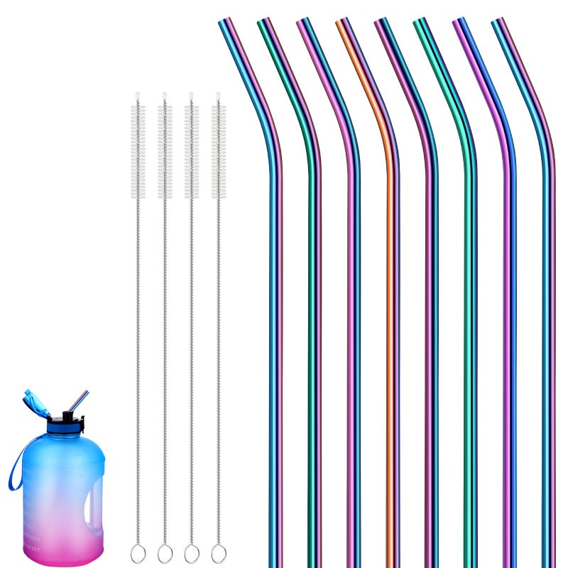 Geiserailie 8 Pieces 14 Inch Reusable Stainless Steel Straws Long Drinking Straws for 100 oz Tumblers, Extra with 4 Pieces Cleaning Brush(Rainbow) - Image 1