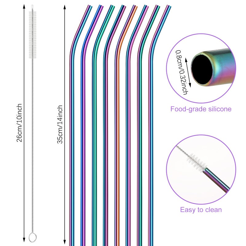 Geiserailie 8 Pieces 14 Inch Reusable Stainless Steel Straws Long Drinking Straws for 100 oz Tumblers, Extra with 4 Pieces Cleaning Brush(Rainbow) - Image 2