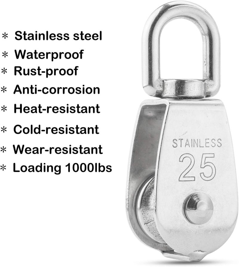 CBTONE M25 Single Pulley Block Loading 550lbs, 10 Pack 304 Stainless Steel Wire Rope Single Roller 25mm Lifting Crane Swivel Hook - Image 3