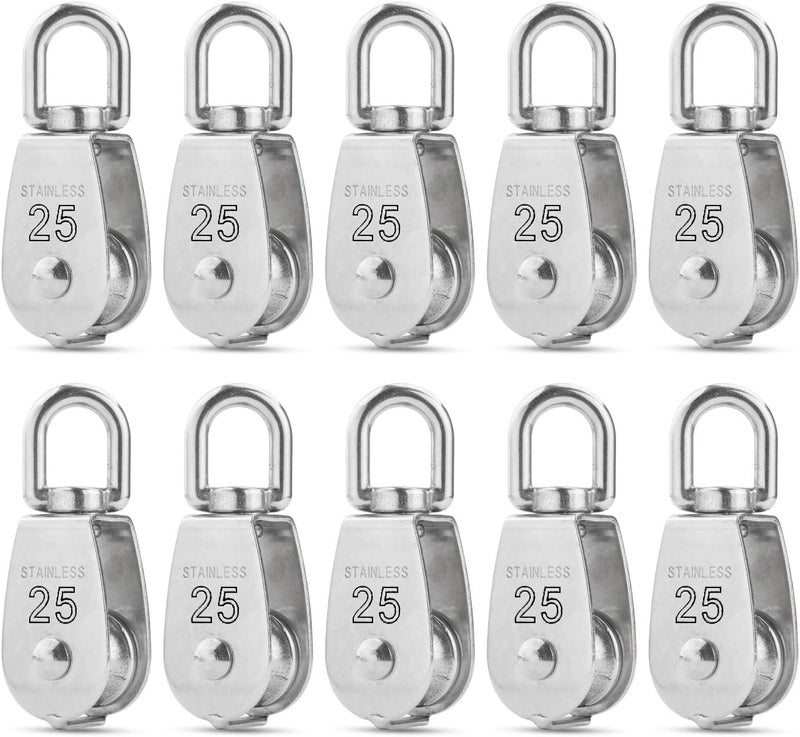 CBTONE M25 Single Pulley Block Loading 550lbs, 10 Pack 304 Stainless Steel Wire Rope Single Roller 25mm Lifting Crane Swivel Hook - Image 1
