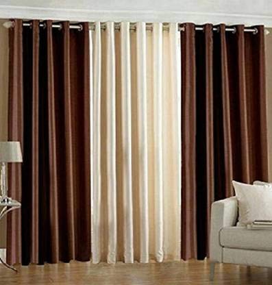 Parda Sansar Solid Sheer Curtain Set with Eyelet Rings Polyester Long Door Curtain Set of 3 9 feet Brown and Cream  - Image 1