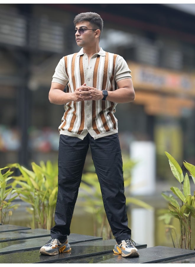 Maniac - Mens 3/4th Sleeve Brown Retro Flat Knit Cotton Shirt - Image 1