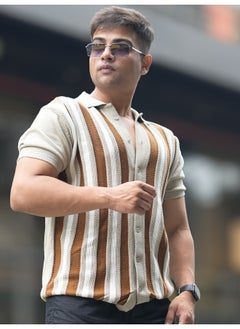 Maniac Mens 3/4th Sleeve Brown Retro Flat Knit Cotton Shirt  - Image 3