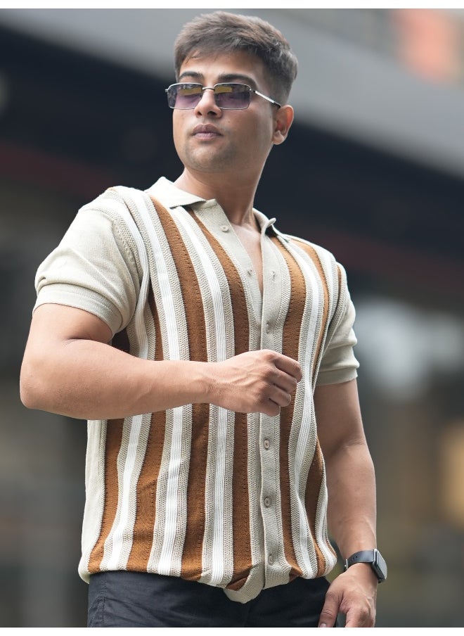 Maniac - Mens 3/4th Sleeve Brown Retro Flat Knit Cotton Shirt - Image 1