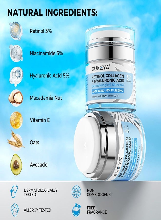 OUKEYA Retinol Cream for Face,Wrinkle for Women, Anti-Aging Moisturizer, Neck Firming & Décolleté, Moisturizer Face Cream, Day Night with 5% Hyaluronic Acid - Image 2