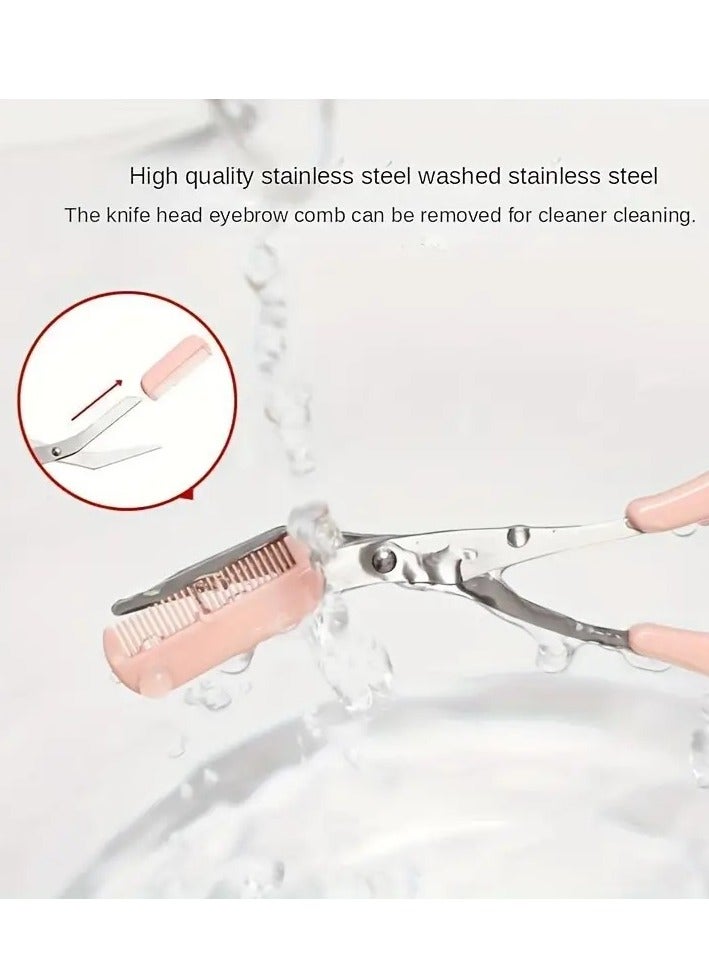 2Pc Premium Eyebrow Trimmer Scissors Set, Curved Eyebrow Razor Eyebrow Scissors With Comb Easy Brow Trimming Take It Anywhere For Beginners Pink Color