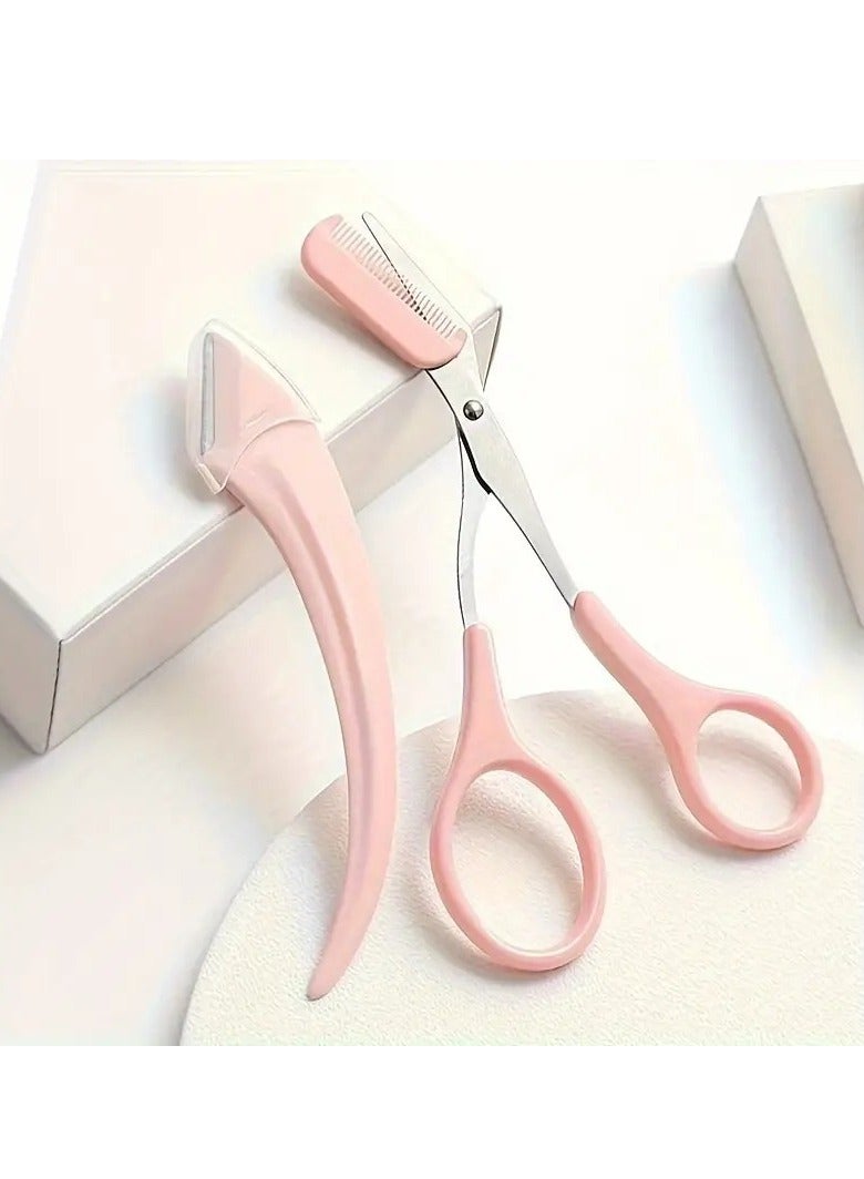 2Pc Premium Eyebrow Trimmer Scissors Set, Curved Eyebrow Razor Eyebrow Scissors With Comb Easy Brow Trimming Take It Anywhere For Beginners Pink Color
