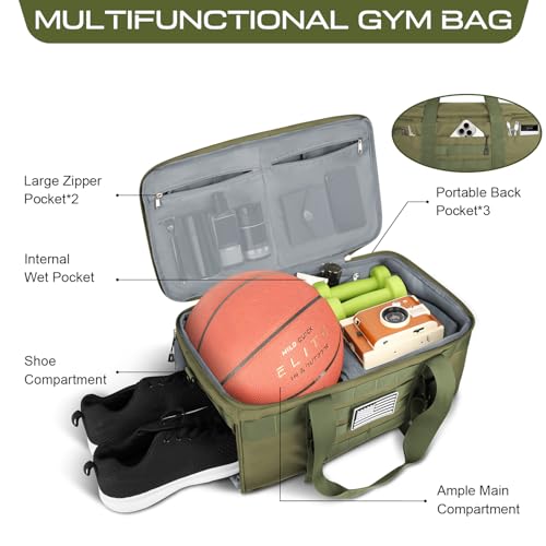 ETRONIK Gym Bags for Men Women Military Duffle Bag Backpack with Shoe Compartment 3 in 1 Carry on Bag Travel Backpack with Wet Pocket Weekender Overnight Range Bag for Workout Football Gym Green - Image 3