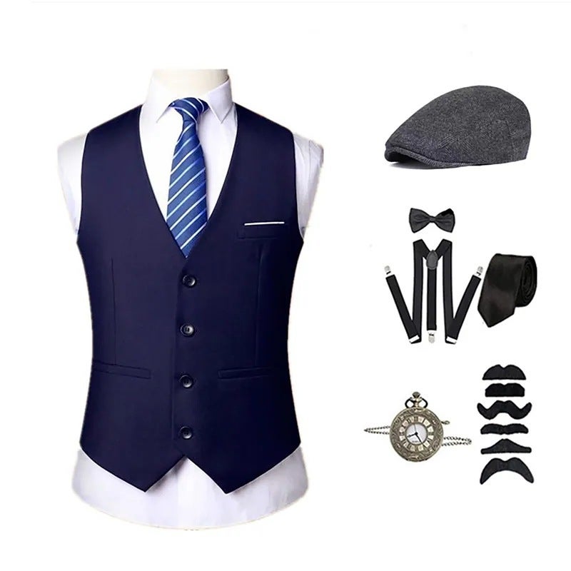 Retro 1920s Gatesburg Dinner Party Mens Vest Set with Hat Pocket Watch Tie Suit Korean Style Slim Fit Cardigan Polyester Fiber Blue Vest Bailey Hat suit