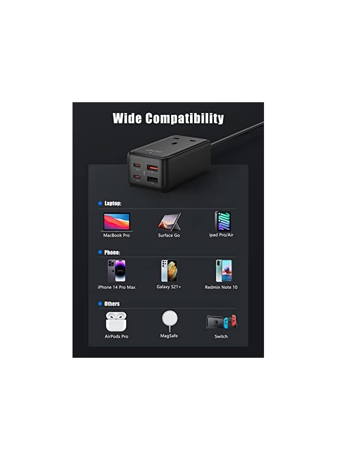 Lencent 65W USB C Charger Plug, Gan III 4-Port Fast Wall Charger with 1 AC+4 USB Ports, PD Desktop Charger,Compatible with Laptop, MacBook, iPad Pro, iPhone and More (Black) - Image 5