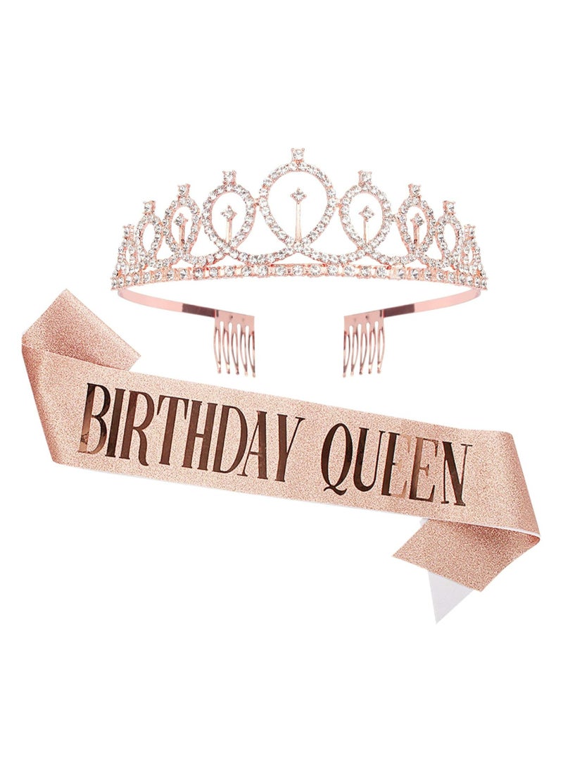 Oasisgalore Birthday Crown and Sash for Women Rose Gold Birthday Queen  - Image 1