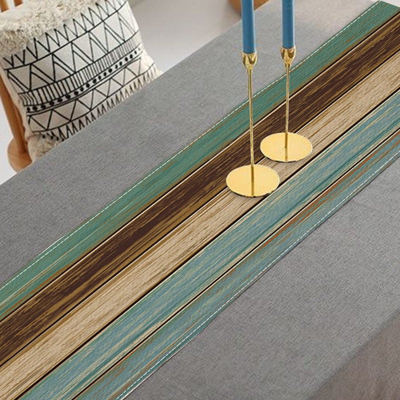 DMIPIRLS Decorative Table Runner 13 x 72 InchesSet of 1 Elegant Cotton Linens Table Runner Decor for KitchenDining RoomCoffee TableRetro Wooden Board Old Rustic StyleBlue Brown - Image 3