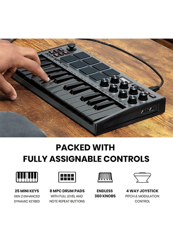 اكاي بروفيشنال AKAI Professional MPK Mini MK3 - وحدة تحكم بلوحة مفاتيح USB MIDI مكونة من 25 مفتاحًا مع 8 منصات طبلة بإضاءة خلفية، و8 مقابض وبرامج إنتاج الموسيقى، أسود - Image 3