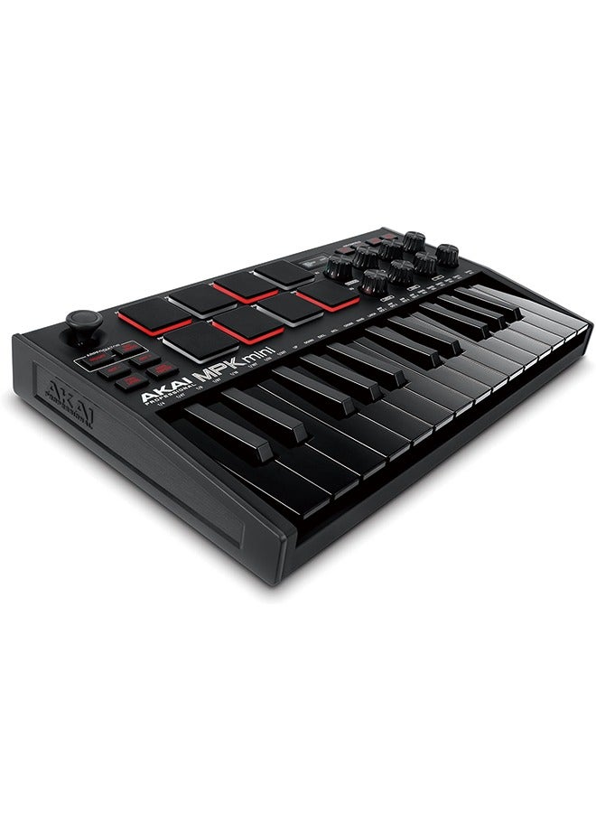 اكاي بروفيشنال AKAI Professional MPK Mini MK3 - وحدة تحكم بلوحة مفاتيح USB MIDI مكونة من 25 مفتاحًا مع 8 منصات طبلة بإضاءة خلفية، و8 مقابض وبرامج إنتاج الموسيقى، أسود - Image 1