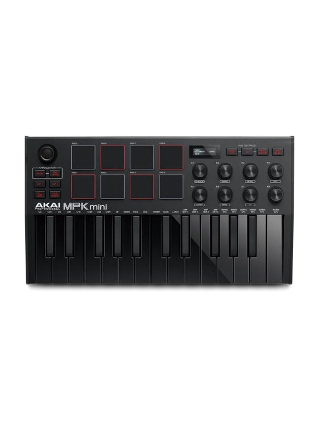 اكاي بروفيشنال AKAI Professional MPK Mini MK3 - وحدة تحكم بلوحة مفاتيح USB MIDI مكونة من 25 مفتاحًا مع 8 منصات طبلة بإضاءة خلفية، و8 مقابض وبرامج إنتاج الموسيقى، أسود - Image 2