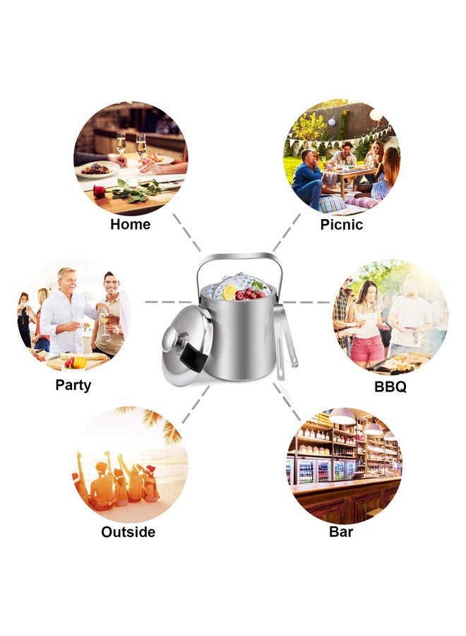 SHABILI Stainless Steel 1.3 L Double-Layer Ice Bucket Ice Tong Beverage Cooler With Tongs Filter Lid, Long-Lasting Insulation Easy Clean Stable Carry Handle Portable Durable, for Outdoor Bar BBQ Party Picnic - Image 4