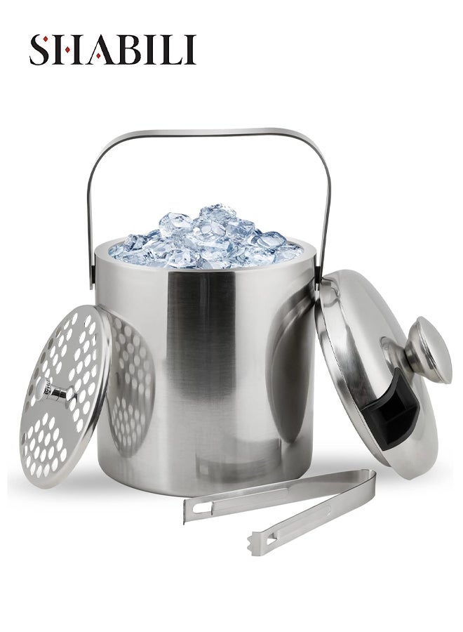 SHABILI Stainless Steel 1.3 L Double-Layer Ice Bucket Ice Tong Beverage Cooler With Tongs Filter Lid, Long-Lasting Insulation Easy Clean Stable Carry Handle Portable Durable, for Outdoor Bar BBQ Party Picnic - Image 1
