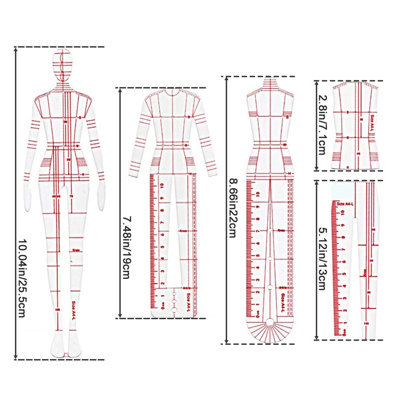 EXTCCT 4 Models Fashion Illustration Rulers, Fashion Sketching Templates Ruler, Fashion Sketching Ruler Sewing Humanoid Patterns Design, Clothing Measuring French Curve Rulers A4 Pattern Paper Draft Drawings - Image 2