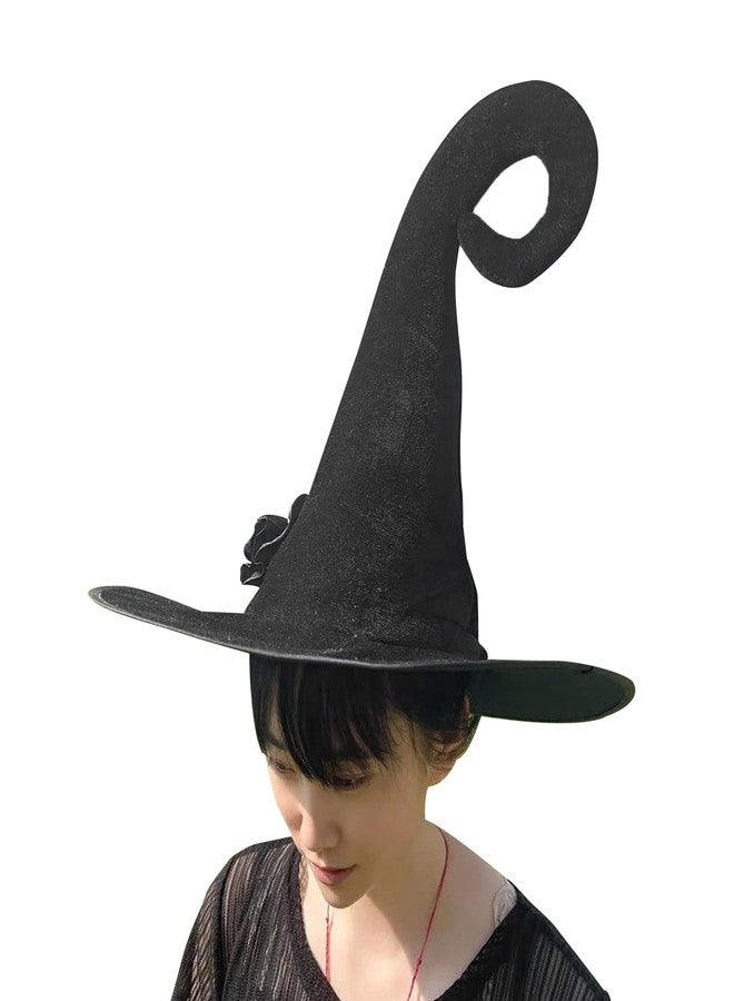 BXT Halloween Witch Hat Velvet Black Wizard Hat with Rose and Feather for Women Halloween Cosplay Costumes Party Accessory Black Pointed Wizard Hat - Image 4
