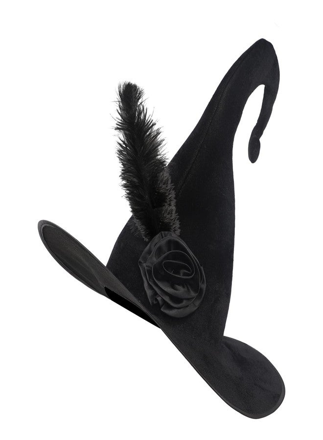 BXT Halloween Witch Hat Velvet Black Wizard Hat with Rose and Feather for Women Halloween Cosplay Costumes Party Accessory Black Pointed Wizard Hat - Image 3
