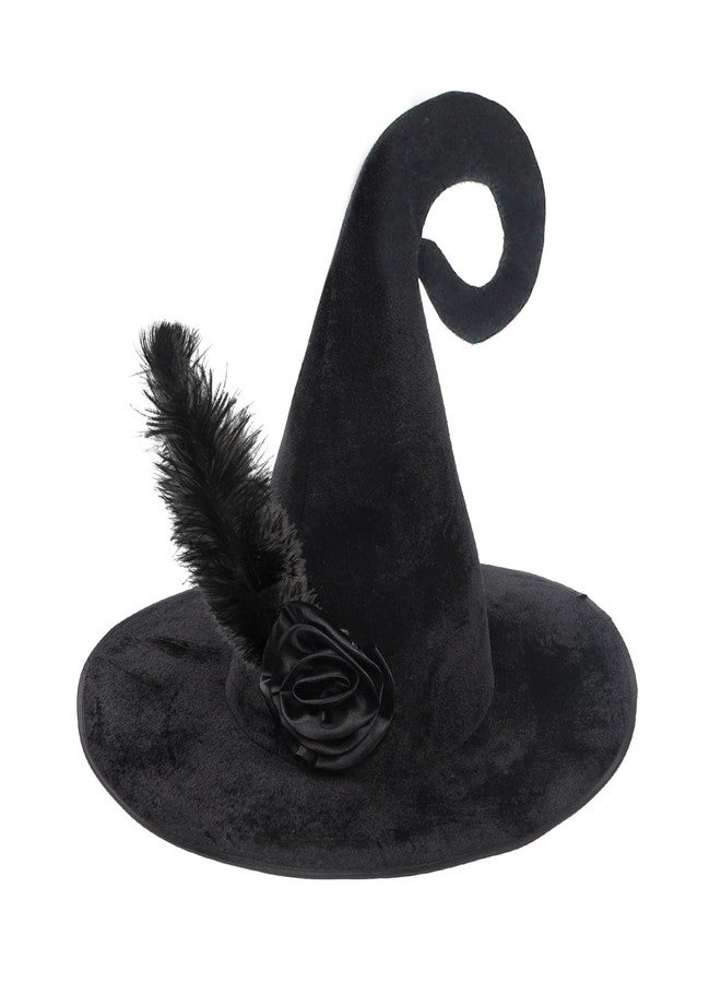 BXT Halloween Witch Hat Velvet Black Wizard Hat with Rose and Feather for Women Halloween Cosplay Costumes Party Accessory Black Pointed Wizard Hat - Image 1