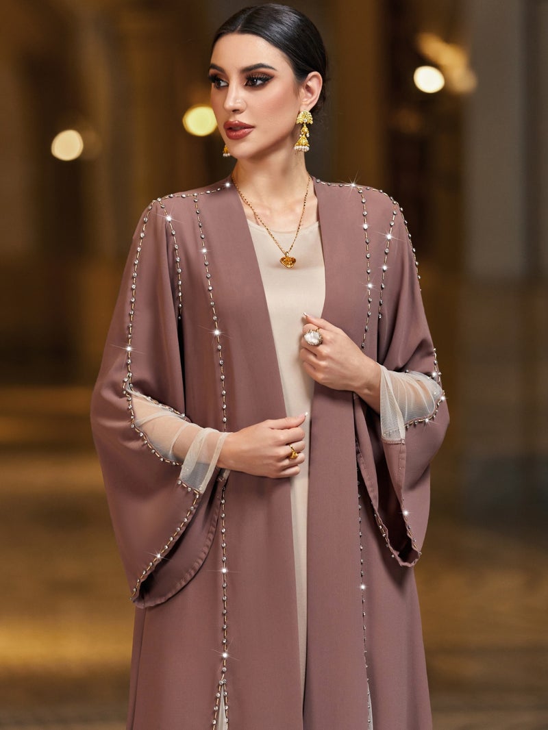 Qi Ta Elegant Women's Open-Front Long Cardigan Dress with Crystal Embellishments - BA4078 Coffee - Image 3