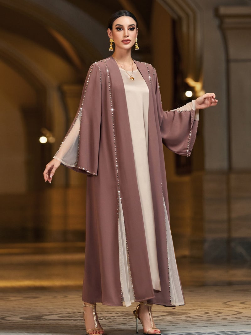 Qi Ta Elegant Women's Open-Front Long Cardigan Dress with Crystal Embellishments - BA4078 Coffee - Image 5