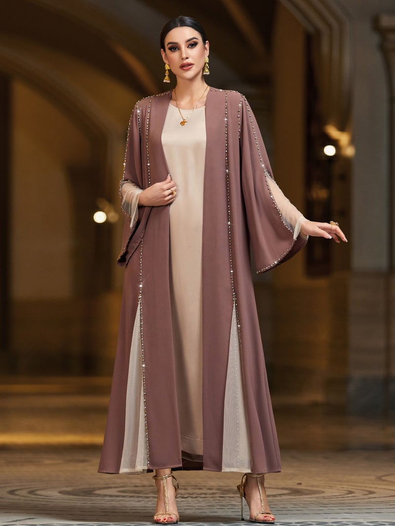 Qi Ta Elegant Women's Open-Front Long Cardigan Dress with Crystal Embellishments - BA4078 Coffee - Image 2