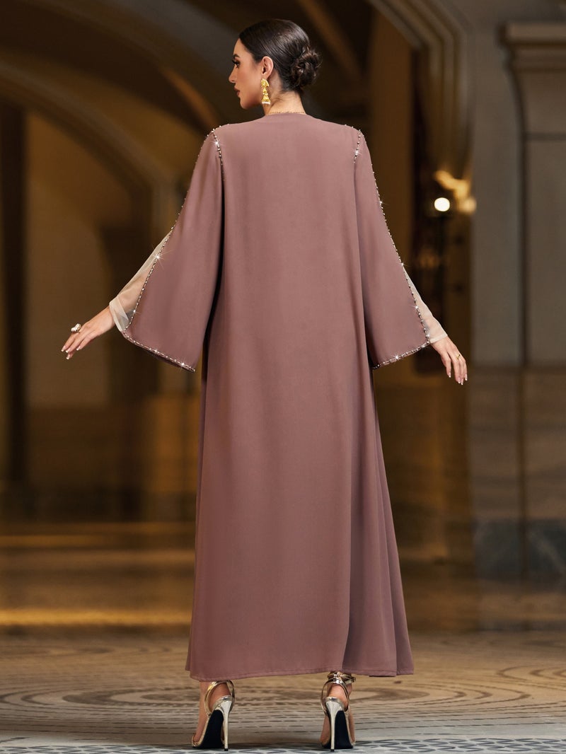 Qi Ta Elegant Women's Open-Front Long Cardigan Dress with Crystal Embellishments - BA4078 Coffee - Image 4