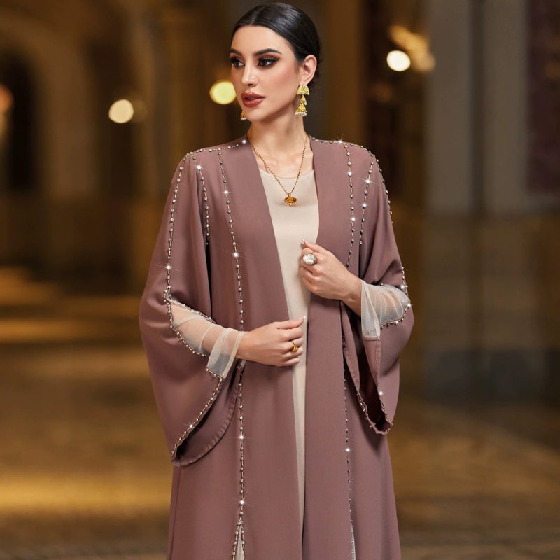 Qi Ta Elegant Women's Open-Front Long Cardigan Dress with Crystal Embellishments - BA4078 Coffee - Image 1